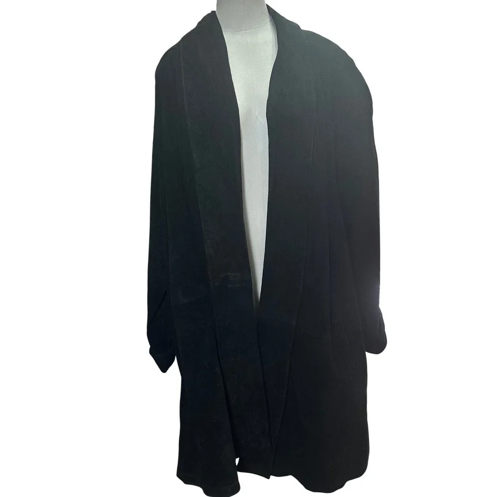 Jacqueline‎ Ferrar Vtg Duster Coat Women 2X Black Heavy Suede Leather Open Front